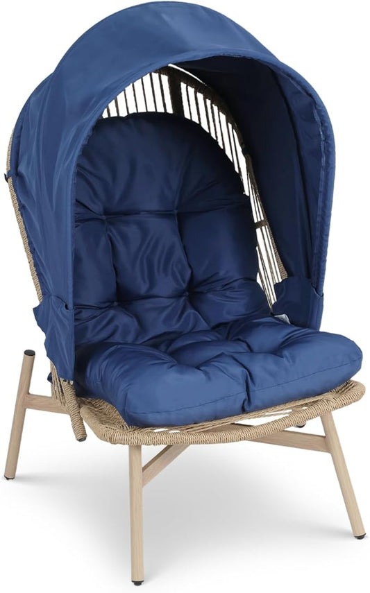 Athena Collection Patio Wicker Egg Chair with Folding Canopy, All-Weather Rattan Patio Lounge Chair with Sun Shade, Balcony Furniture Outside Seating for Front Porch, Garden, Poolside, Outdoor, Blue