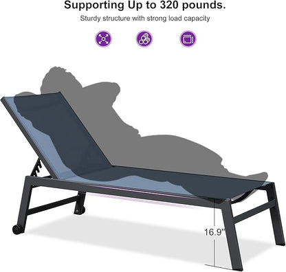 PURPLE LEAF Outdoor Chaise Lounge Set for 2 Oversized Pool Lounge Chairs with Easy-to-Move Wheels and Adjustable Backrest Extra Large Patio Loungers for Poolside Deck Beach Yard Table Included, Indigo