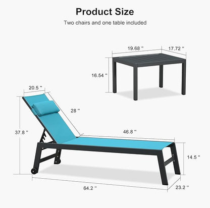 PURPLE LEAF Outdoor Lounge Chair Set Patio Chaise Pool Lounger Aluminum Frame with 2 Side Table and Wheels for Outside Sunbathing Tanning Recliner Including Pillows Turquoise Blue