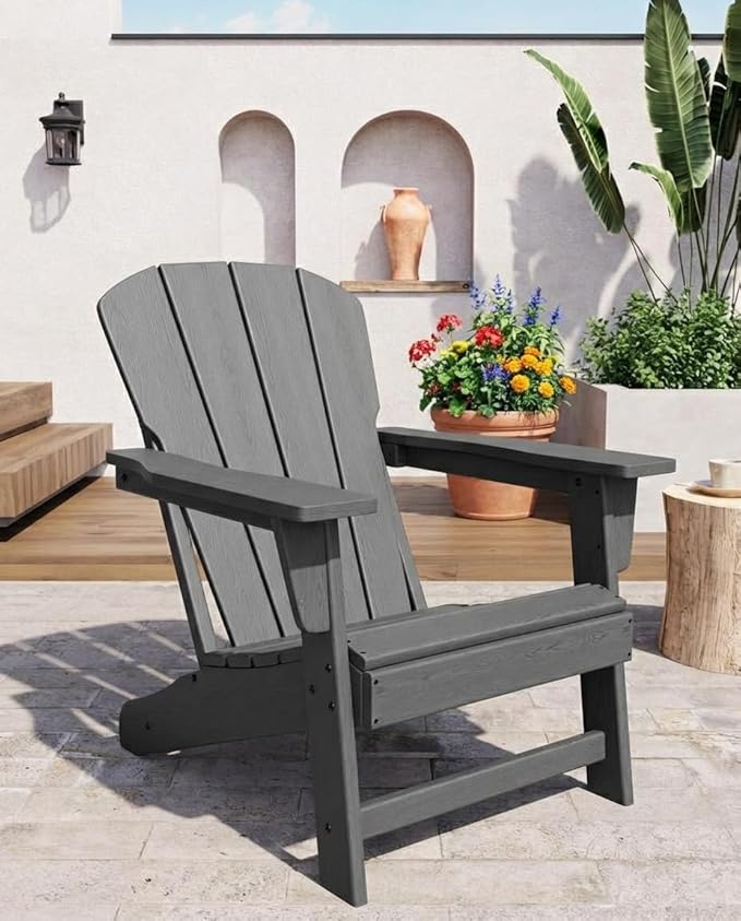 Modern Plastic Adirondack Chair, 380 LB, Oversize Ergonomic Deck Chair, Weather Resistant Stackable Patio Furniture for Outdoor Backyard Garden Lawn Pool Deck Beach, Grey