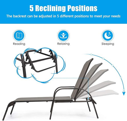 COSTWAY Outdoor Patio Lounge Chair Chaise Fabric Adjustable Reclining Armrest Pool Brown