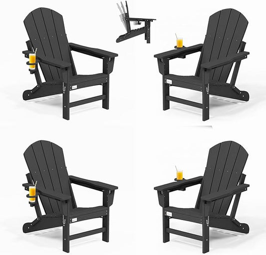 Mdeam 3-Position Adjustable Adirondack Chairs Set of 4, 400LBS Capacity, Cup Holder, Wooden Textured, All-Weather HDPE Folding Fire Pit Outdoor Chairs for Poolside Deck Patio Garden Yard Lawn - Black