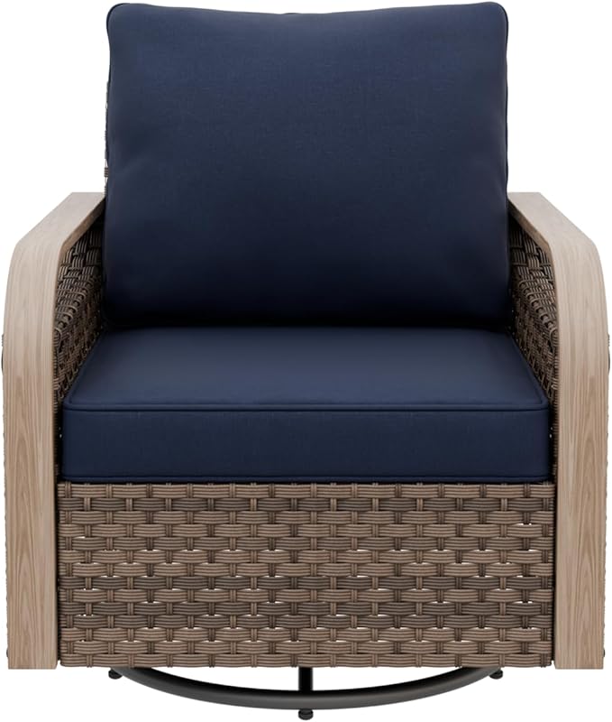 Modern Wicker Outdoor Swivel Rocking Chair, Rattan Glider Rocker Chair Patio Armchair for Backyard, Deck, Porch, Garden, 1 Piece, Brown/Blue