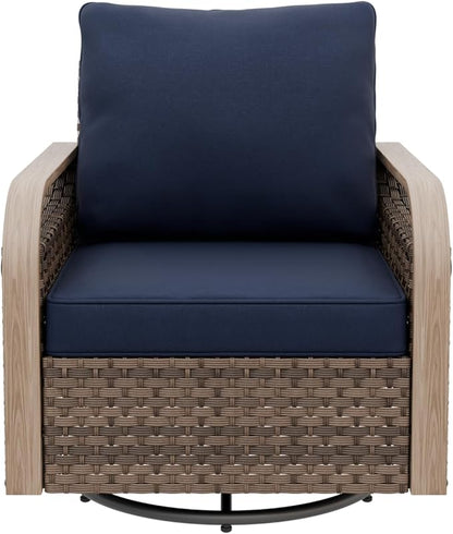 Modern Wicker Outdoor Swivel Rocking Chair, Rattan Glider Rocker Chair Patio Armchair for Backyard, Deck, Porch, Garden, 1 Piece, Brown/Blue