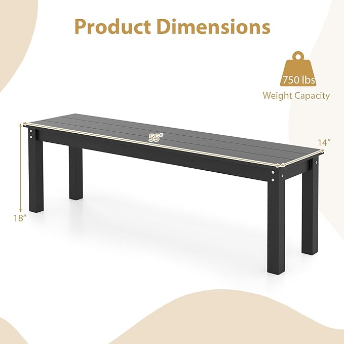 Giantex 55" HDPE Outdoor Bench, 2-3 People Weatherproof Backless Patio Garden Bench with 750 Lbs Capacity, Fade Resistant Outside Seating Furniture, Loveseat for Porch, Yard, Park (2,Black)