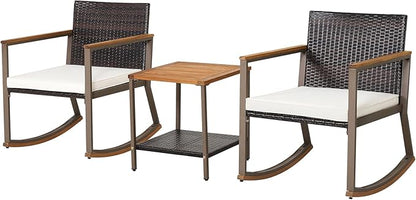 HAPPYGRILL 3 Piece Rocking Bistro Set, Outdoor PE Wicker Rocking Chair with Coffee Table, Soft Seat Cushions Included, Gentle & Smooth Rocking Furniture Set for Yard Porch