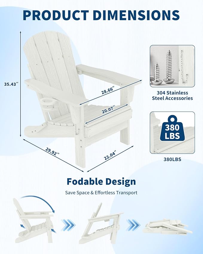 Garvee Folding Adirondack Chair Set of 6, HDPE Outdoor Patio Chair with Cup Holder, All Weather Resistent Wooden Textured for patios, Decks, Gardens, fire Pit, White