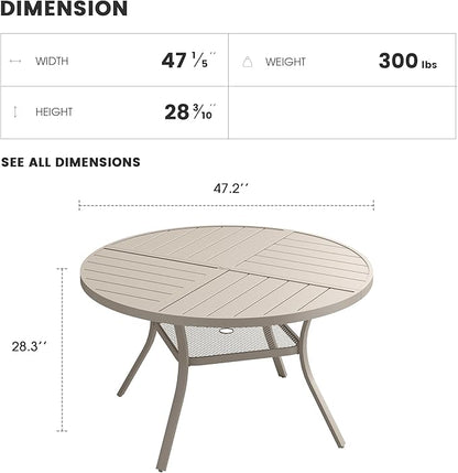 Patio Dining Table for 4-6, Round Metal Outdoor Table with Storage Shelf, 1.57" Umbrella Hole, 47" Outdoor Quartered Tabletop Dining Table for Backyard, Porch, Lawn, Sand
