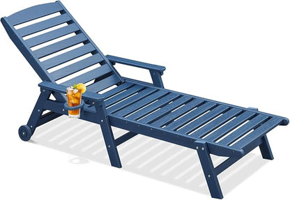 HDPE Patio Chaise Lounge Chair, 78.4'' Adjustable Outdoor Lounger with Wheels & Cup Holder, 5 Positions Poly Lounge Chairs, HDPE Outdoor Patio Lounge Chair for Outside, Deck, Beach, Navy