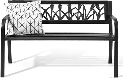 49" Garden Bench,Outdoor Benches,Iron Steel Frame Patio Bench with Tulip Pattern and Backrest Armrests for Lawn Yard Porch Work Entryway