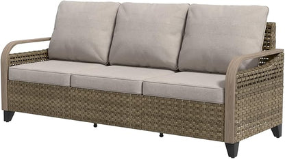 EAGLE PEAK Wicker Outdoor Patio Sofa Modern Rattan Patio Furniture Loveseat for Backyard Deck Porch Balcony, 3 Seat Couch, Brown/Gray