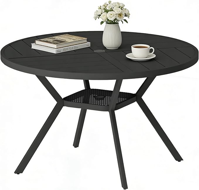 47" Outdoor Patio Table Dining Table, All Weather Metal Round Patio Table with Adjustable Umbrella Hole - Photo 1