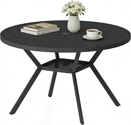 47" Outdoor Patio Table Dining Table, All Weather Metal Round Patio Table with Adjustable Umbrella Hole, Patio Furniture for Lawn Garden Backyard, Black