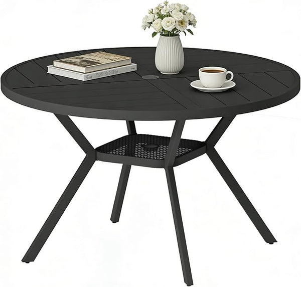 47" Outdoor Patio Table Dining Table, All Weather Metal Round Patio Table with Adjustable Umbrella Hole - Photo 1