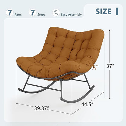 Cushioned Papasan Rocking Chair for Outdoor Indoor, Oversized Outdoor Rocking Chair with Cushion, Egg Rocker for Patio, Porch, Balcony, Lawn, Bedroom, Living Room, Dark Brown