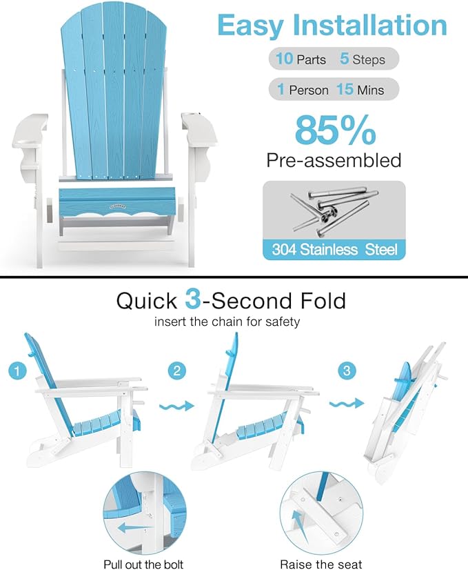 Folding Adirondack Chair –Recyclable HDPE Outdoor Adirondack Patio Chair with Cup Holder, Wood Texture & Umbrella Hole - Photo 8