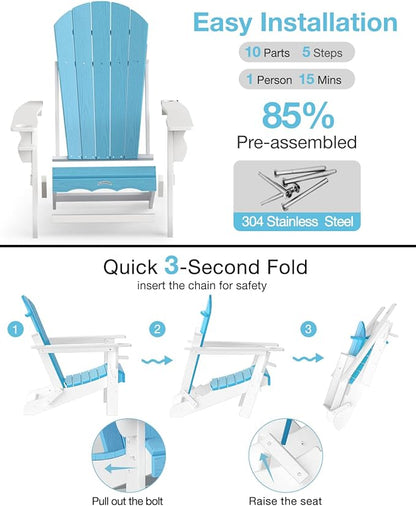 Folding Adirondack Chair –Recyclable HDPE Outdoor Adirondack Patio Chair with Cup Holder, Wood Texture & Umbrella Hole, 25-Year Fade-Free All Weather for Fire Pit, Porch, Poolside, Deck, Aruba & White
