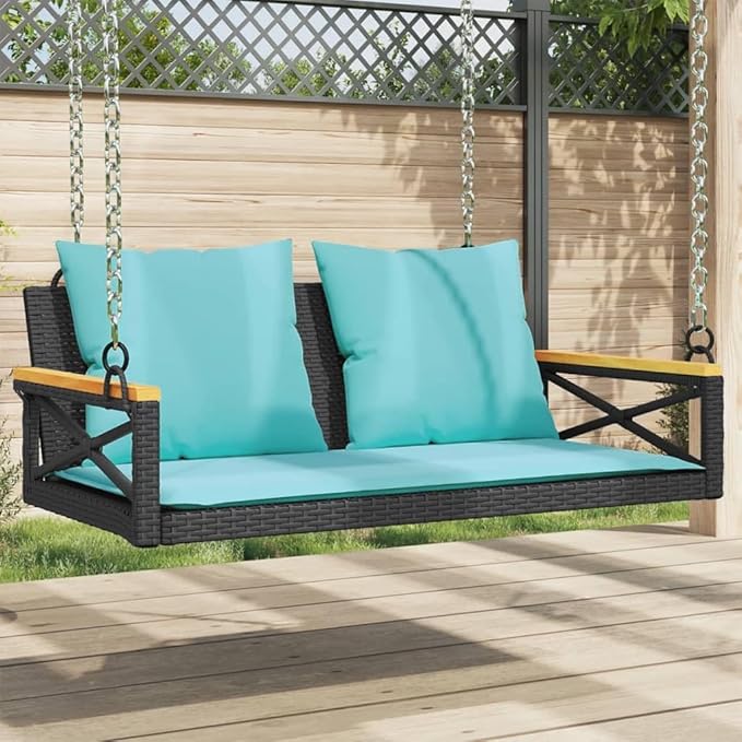 Patio Swing Bench Black, Blue Outdoor Furniture with Cushions and Metal Frame for Garden Balcony Relaxation Comfortable - Photo 1