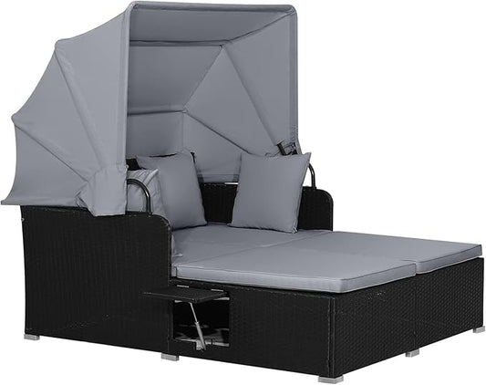 RELAX4LIFE Patio Outdoor Daybed with Canopy, Wicker Sunbed w/Cushions, 4 Pillows & 2 Retractable Side Trays, 2-Person Lounge Bed Conversation for Poolside Porch Garden, Rattan Outdoor Bed (Grey)