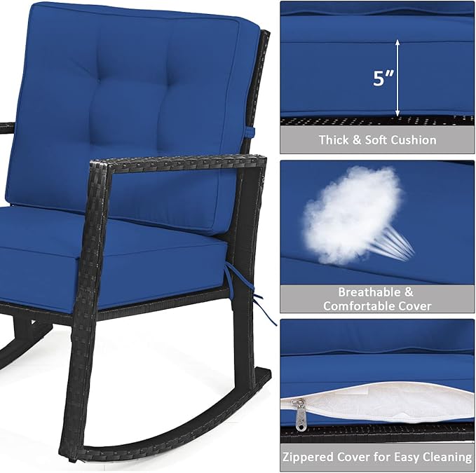 Tangkula Wicker Rocking Chair, Outdoor Glider Rattan Rocker Chair with Heavy-Duty Steel Frame, Patio Wicker Furniture Seat with 5” Thick Cushion for Garden, Porch, Backyard, Poolside (2, Blue)