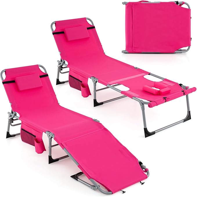 Giantex Set of 2 Tanning Chair with 5 Adjustable Positions, Face & Arm Hole, Hand/Shoulder Strap, Removable Pillow, Side Pocket, Load 330 Lbs, Patio Lounge Chair for Outdoor Beach Sunbathing, Pink