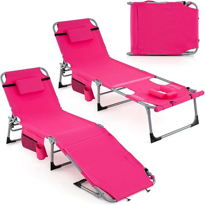 Giantex Set of 2 Tanning Chair with 5 Adjustable Positions, Face & Arm Hole, Hand/Shoulder Strap, Removable Pillow, Side Pocket, Load 330 Lbs, Patio Lounge Chair for Outdoor Beach Sunbathing, Pink