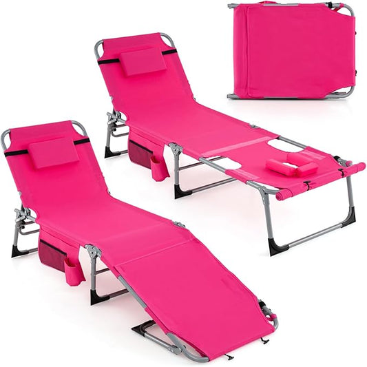 Giantex Set of 2 Tanning Chair with 5 Adjustable Positions, Face & Arm Hole, Hand/Shoulder Strap, Removable Pillow, Side Pocket, Load 330 Lbs, Patio Lounge Chair for Outdoor Beach Sunbathing, Pink