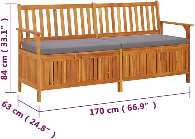 Solid Acacia Wood Storage Bench 67 Inch Rectangular Outdoor Patio Furniture with Thick Cushion, Modern Black Brown Color for Garden Terrace Seating and Organizing