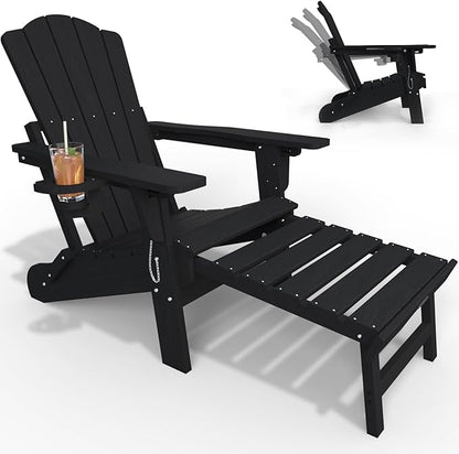 Adjustable Adirondack Chairs with Retractable Ottoman, HDEP Folding Adirondack Chair with Footrest & Cup Holder, All Weather Fire Pit Chair for Outdoor,Black