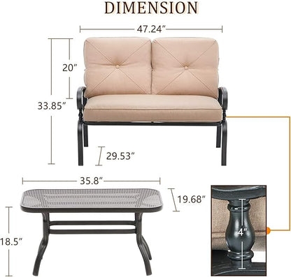 Outdoor 2 Pcs Patio Loveseat Bench Set with Bistro Coffee Table and Patio Steel Frame Sofa with Cushion, Wrought Iron Look, Lawn Front Porch Garden (Brown)