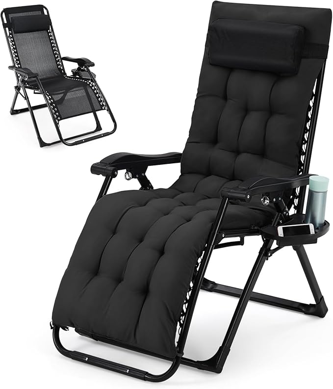Zero Lounge Chair Supports 440 Lbs, Indoor/Outdoor Adjustable Folding Recliner with 29 Inch Seat, Removable Cup Holder & Headrest Black