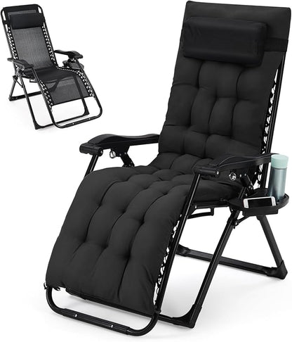 Zero Lounge Chair Supports 440 Lbs, Indoor/Outdoor Adjustable Folding Recliner with 29 Inch Seat, Removable Cup Holder & Headrest Black