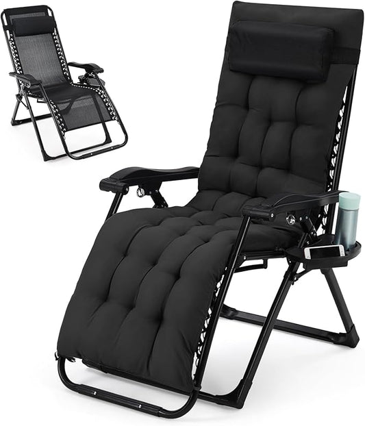 Zero Lounge Chair Supports 440 Lbs, Indoor/Outdoor Adjustable Folding Recliner with 29 Inch Seat, Removable Cup Holder & Headrest Black