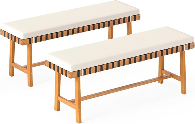 HAPPYGRILL Outdoor Acacia Wood Bench with Cushion, Breathable Rope Seat, Patio Dining Bench for Entryway Garden Poolside Balcony, 800 LBS (2)