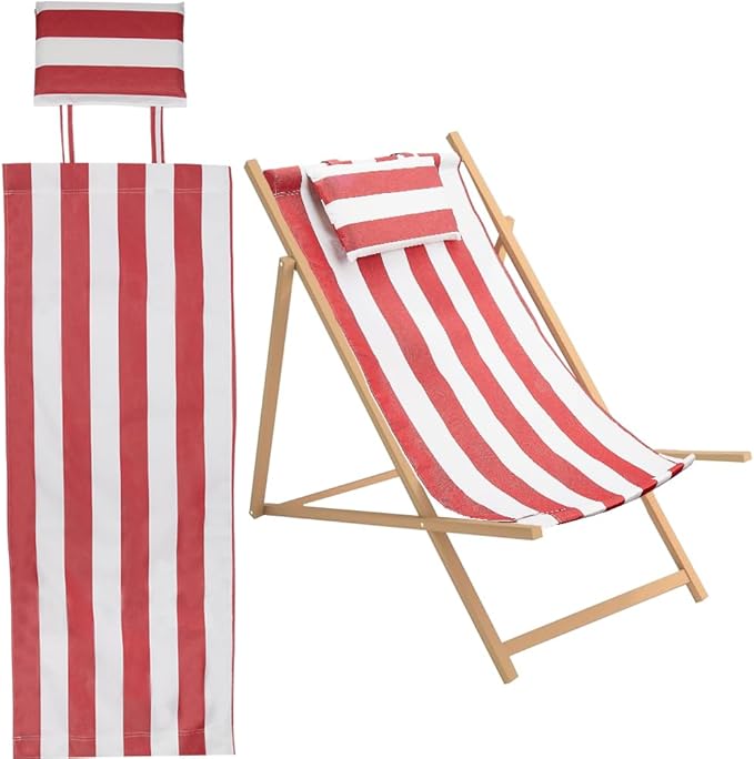GORGECRAFT Beach Sling Chair Oxford Cloth with Pillow 44x17 Red and White Stripes Casual Lounge Lawn Chair Webbing Replacement Outdoor Patio Foldable Chaise Lounge Chair Fabric for Patio Beach