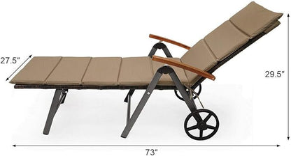 Outdoor Chaise Lounge with 2 Wheels for Easy Movement Folding Recliner 7 Adjustable Position Rattan Lounge Chair Heavy Duty Aluminum Tube Construction Perfect for Patio Garden Beach Pool Side Using