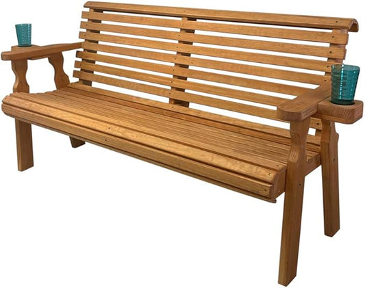 Amish Casual Heavy Duty Pressure Treated 4 Foot Outdoor Garden Bench with Cup Holders - Amish Crafted Roll Back Design in Cedar Stain, 700 Lb Weight Capacity