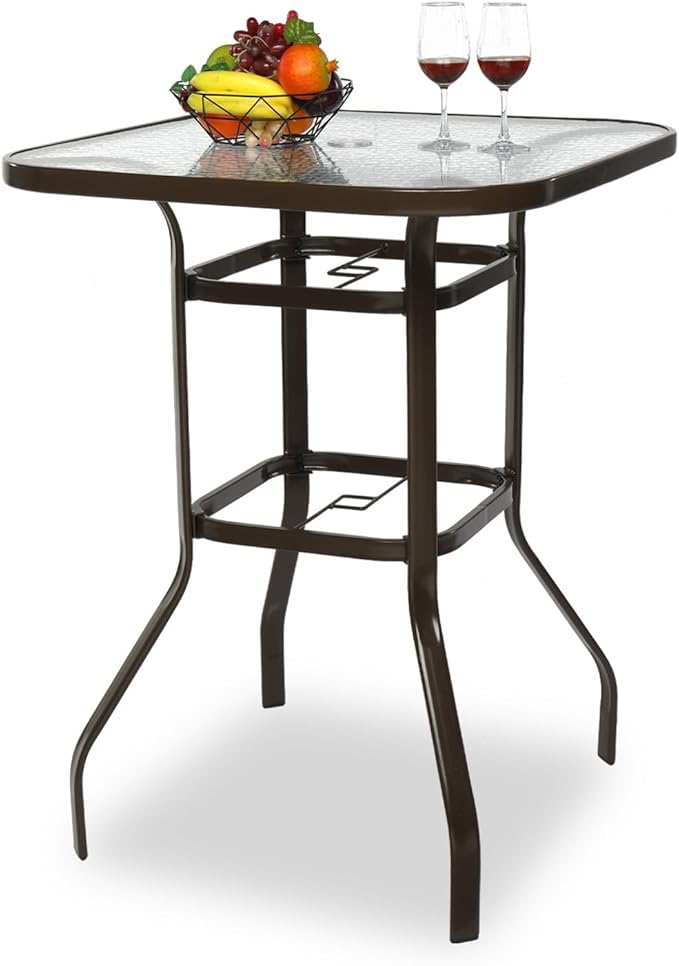 VINGLI Outdoor Bar Table with Umbrella Hole, Metal Patio Bar Height Pub Table for Patio High Top (Brown) - Photo 1