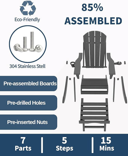 Adirondack Chair with Table Set,HDPE Plastic All Weather Fire Pit Chair with Cup Holder,2-Piece (Grey, 1 Chair &1 Table)