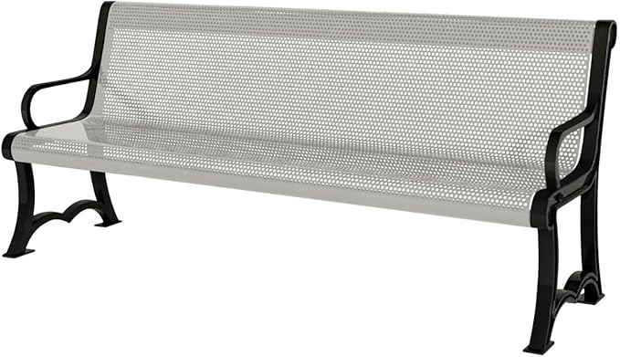 COATEDOUTDOORFURNITURE Heavy-Duty Outdoor Bench Thermoplastic Coated, Punched Steel, Commercial-Grade Garden Bench, Made in America (Portable with Back, 4 Ft, Textured Grey)
