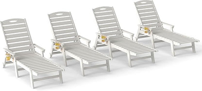 Domi Outdoor Chaise Lounge Chairs Set of 4, HDPE All-Weather Pool Loungers with 5-Position Adjustable Reclining Backrest & Rolling Wheels for Poolside Sunbathing Tanning, White