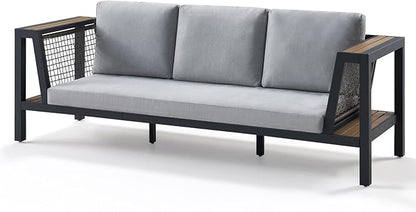 2 Piece Aluminum Patio Sofa with Storage Armrest & Water-Resistant Cushions, 6-Seat Outdoor Couch with Rattan Mesh Sides, L-Shaped Modern All-Weather Furniture for Deck, Lawn or Balcony