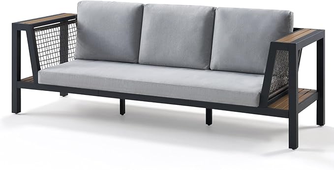 Outdoor Aluminum Patio Sofa, Modern 3-Seater Tool-Free Assembly Couch with Side Table Armrest - Photo 9