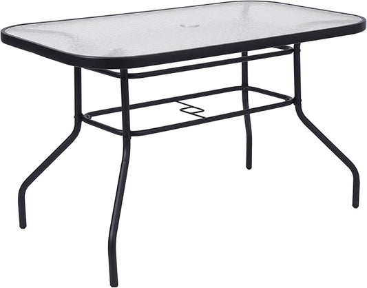 Flash Furniture Tory Rectangle Patio Table with Umbrella Hole, Commercial All-Weather Table with Heat Resistant Tempered Glass, Steel Tube Frame, 27.5x47.25, Black