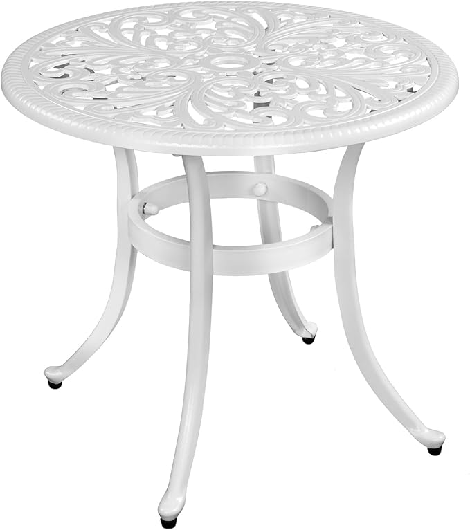 Cast Aluminum Round Table with 2 inch Umbrella Hole, Outdoor Patio End Side Table, Cocktail Coffee Bistro Table Weather Resistance, Adjustable Foot Pads for Garden, Porch, Balcony White
