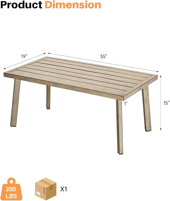 Patio Coffee Table, Never-Rust Aluminum Outdoor Coffee Table with Wood Grain Texture, Modern Rectangle Garden Coffee Table with Slatted Tabletop for Poolside, Decks, Indoor, Balcony, Gray Oak | Never-Rust, Wood Grain Texture, Slatted Tabletop