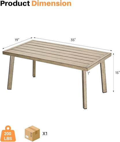 Patio Coffee Table, Never-Rust Aluminum Outdoor Coffee Table with Wood Grain Texture, Modern Rectangle Garden Coffee Table with Slatted Tabletop for Poolside, Decks, Indoor, Balcony, Gray Oak | Never-Rust, Wood Grain Texture, Slatted Tabletop