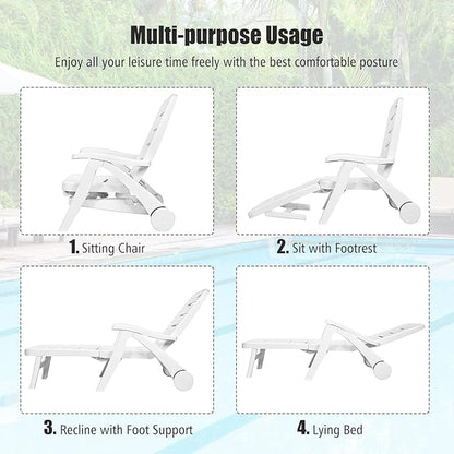 COSTWAY Folding Chaise Lounge with Wheels, 5-Position Adjustable Recliner for Sunbathing, Seaside (White)