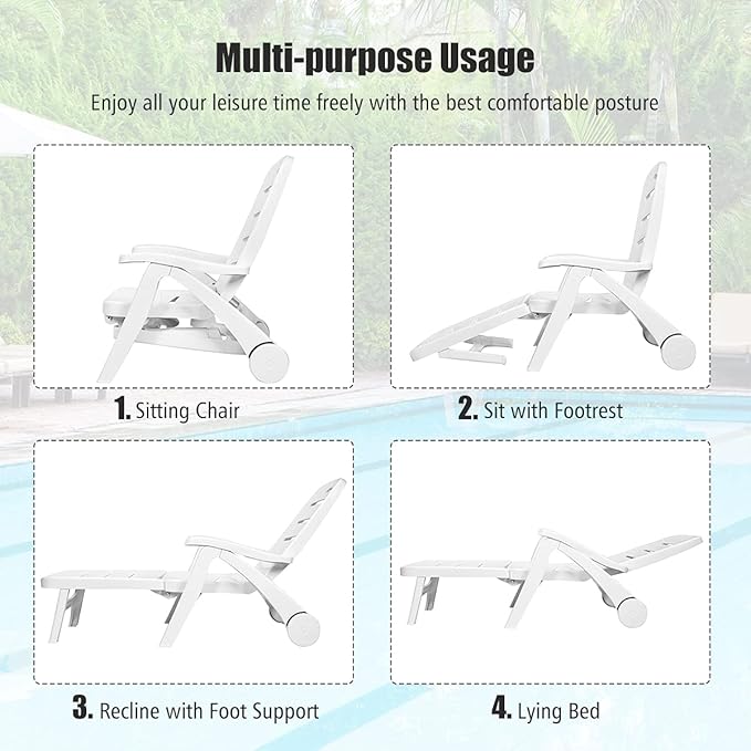 COSTWAY 2PCS Folding Chaise Lounge with Wheels, 5-Position Adjustable Recliner for Sunbathing, Seaside (White) - Photo 5