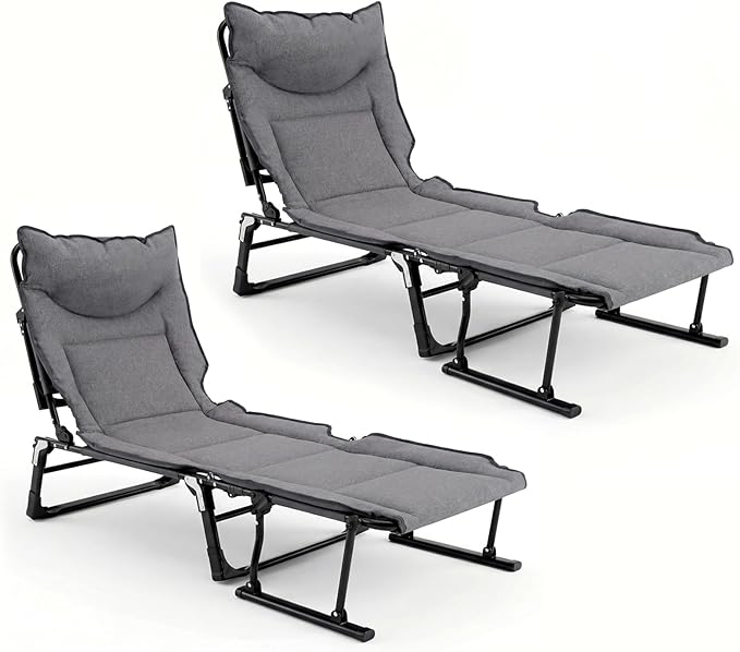 Giantex Folding Patio Lounge Chair with Pad, 3-in-1 Portable Chaise Lounge with 6 Backrest Positions, Head Pillow, Foldable Armrest, Outdoor Camping Cot for Living Room, Yard, Patio,Office (2)